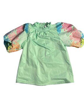 THML S Mint Green Bubble Sleeve Mock Neck Blouse Multicolor Floral Embroidery